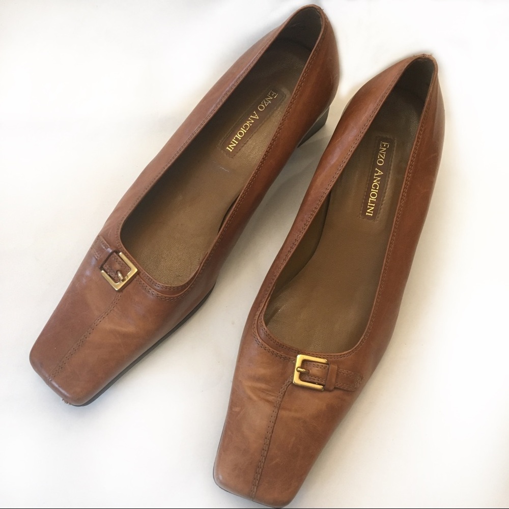 Enzo Angiolini Camel Leather Buckled Low Heels